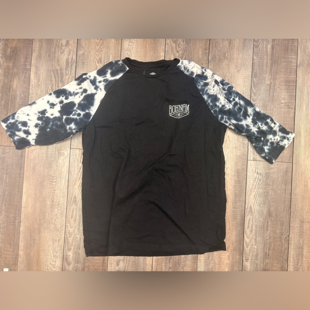Boham Mens XXL Black Raglan Long Sleeve Tee with Black & White Tie-Dye Sleeves
